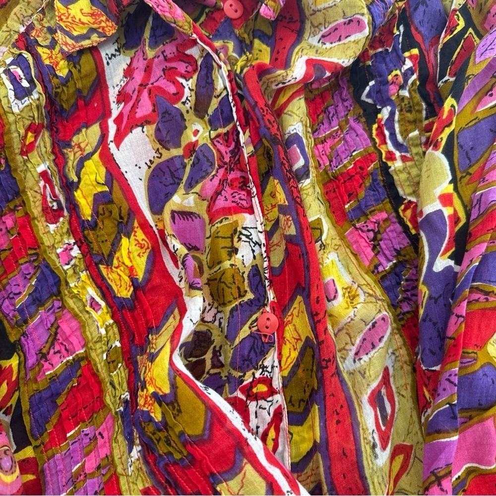 Vintage 90s La Femme India Cotton Gauze Floral Abstract Oversized Button Shirt M - Picture 10 of 11